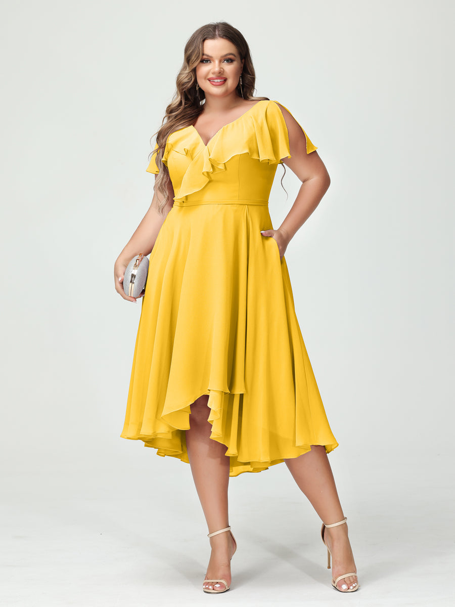 A-Line/Princess V-Neck Short Sleeves Chiffon Ruffles High-Low Plus Size Bridesmaid Dresses with Pockets - 画像 (71)