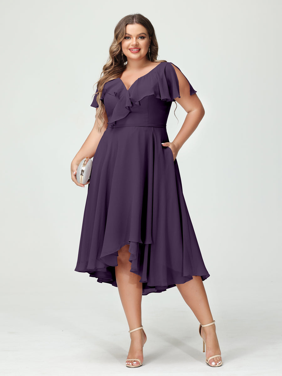 A-Line/Princess V-Neck Short Sleeves Chiffon Ruffles High-Low Plus Size Bridesmaid Dresses with Pockets - 画像 (45)