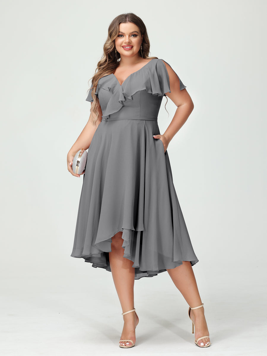 A-Line/Princess V-Neck Short Sleeves Chiffon Ruffles High-Low Plus Size Bridesmaid Dresses with Pockets - 画像 (75)