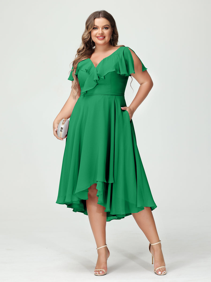A-Line/Princess V-Neck Short Sleeves Chiffon Ruffles High-Low Plus Size Bridesmaid Dresses with Pockets - 画像 (64)