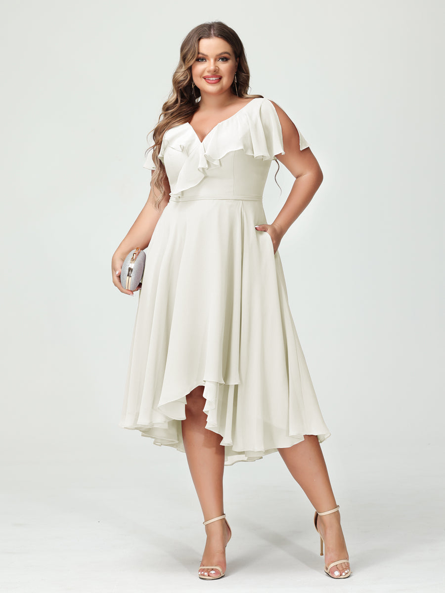 A-Line/Princess V-Neck Short Sleeves Chiffon Ruffles High-Low Plus Size Bridesmaid Dresses with Pockets - 画像 (21)