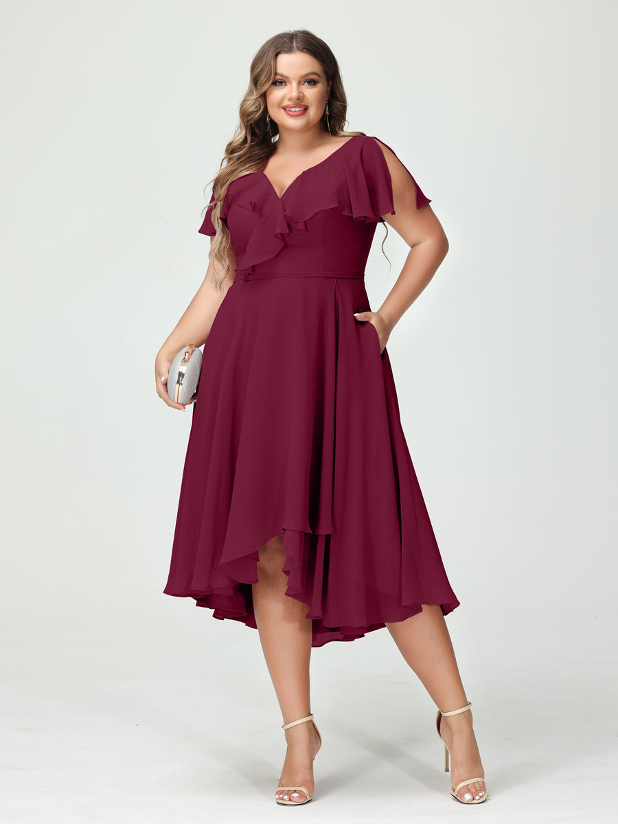 A-Line/Princess V-Neck Short Sleeves Chiffon Ruffles High-Low Plus Size Bridesmaid Dresses with Pockets - 画像 (38)