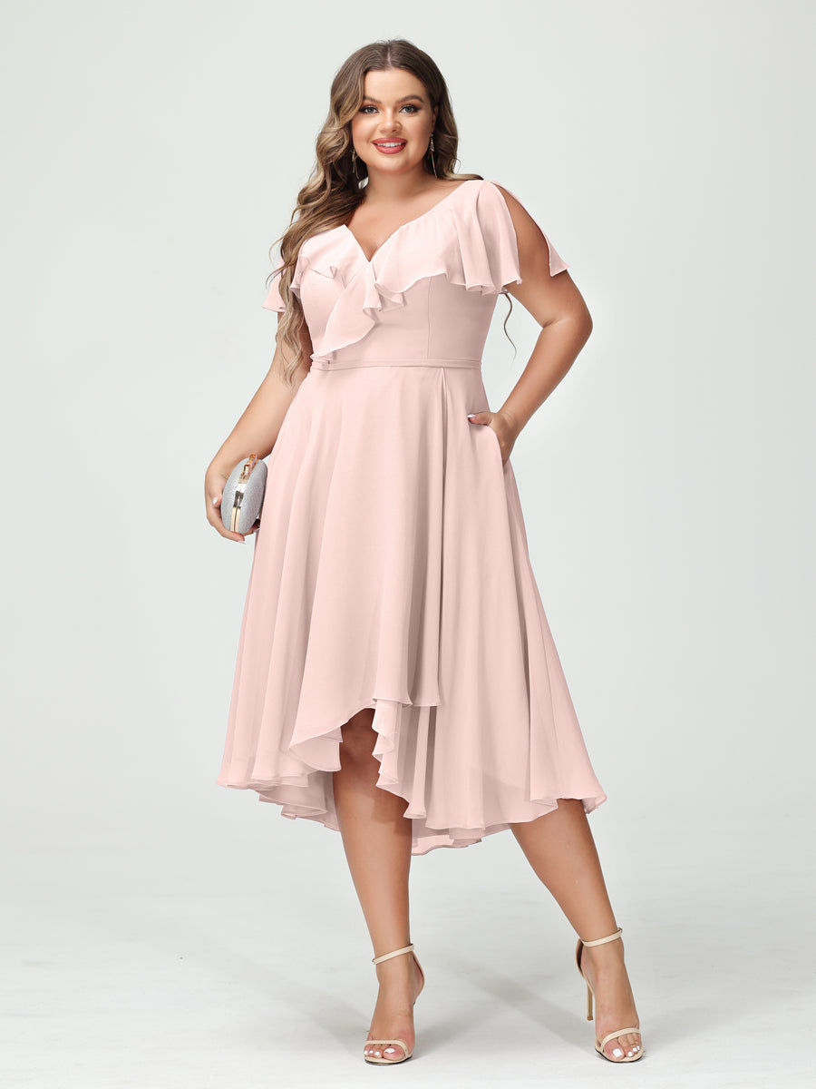 A-Line/Princess V-Neck Short Sleeves Chiffon Ruffles High-Low Plus Size Bridesmaid Dresses with Pockets - 画像 (27)