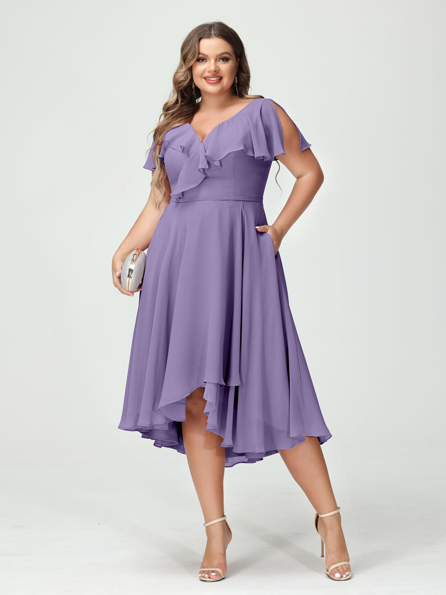 A-Line/Princess V-Neck Short Sleeves Chiffon Ruffles High-Low Plus Size Bridesmaid Dresses with Pockets - 画像 (41)