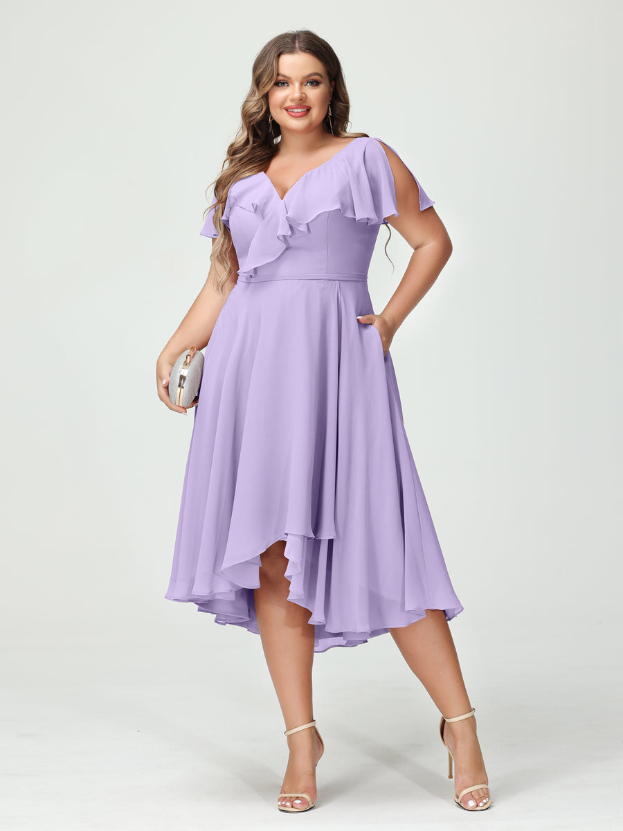 A-Line/Princess V-Neck Short Sleeves Chiffon Ruffles High-Low Plus Size Bridesmaid Dresses with Pockets - 画像 (14)