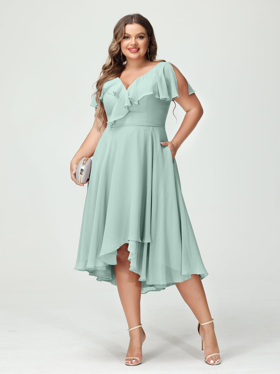 A-Line/Princess V-Neck Short Sleeves Chiffon Ruffles High-Low Plus Size Bridesmaid Dresses with Pockets - 画像 (60)