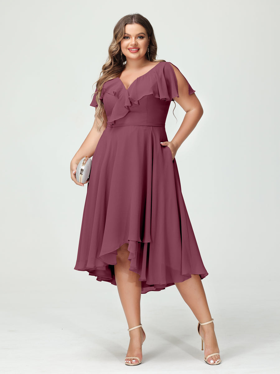 A-Line/Princess V-Neck Short Sleeves Chiffon Ruffles High-Low Plus Size Bridesmaid Dresses with Pockets - 画像 (43)
