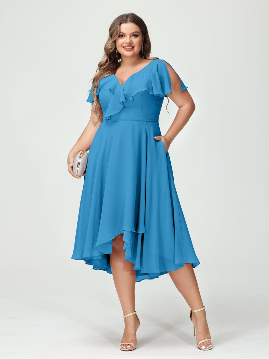 A-Line/Princess V-Neck Short Sleeves Chiffon Ruffles High-Low Plus Size Bridesmaid Dresses with Pockets - 画像 (53)