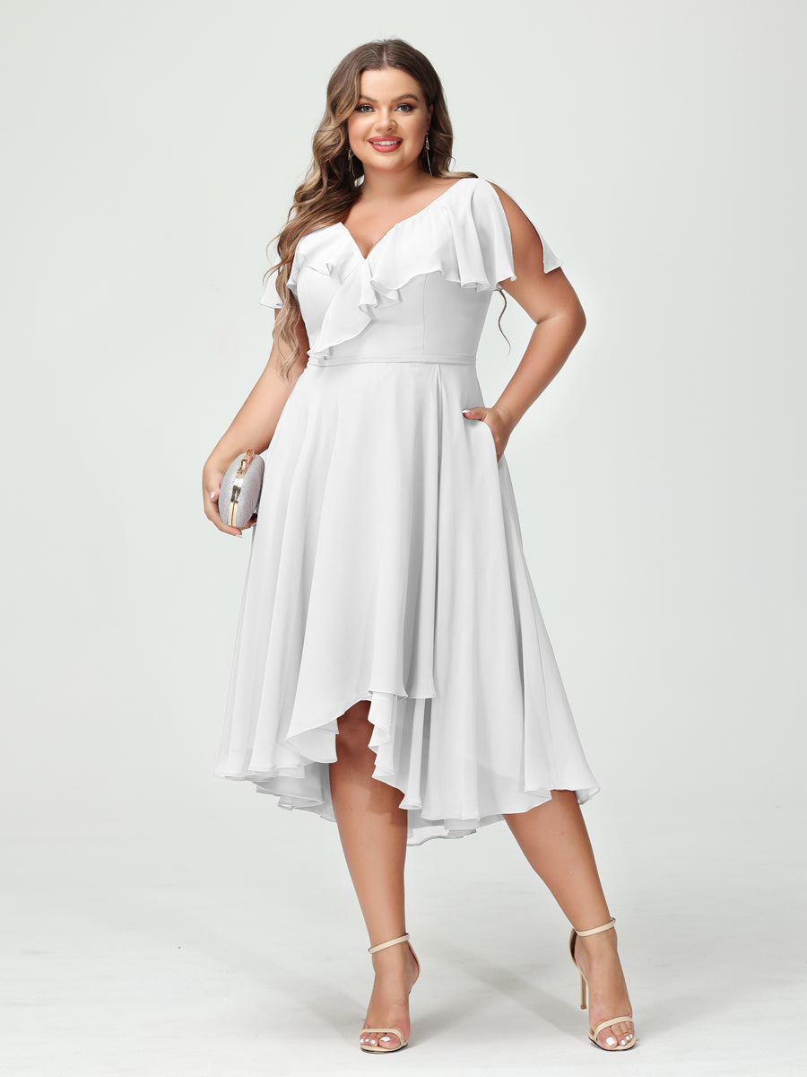 A-Line/Princess V-Neck Short Sleeves Chiffon Ruffles High-Low Plus Size Bridesmaid Dresses with Pockets - 画像 (20)