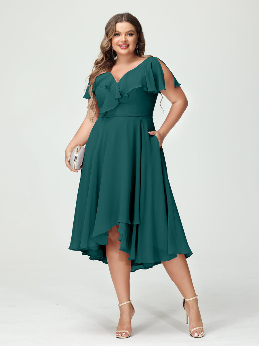 A-Line/Princess V-Neck Short Sleeves Chiffon Ruffles High-Low Plus Size Bridesmaid Dresses with Pockets - 画像 (66)