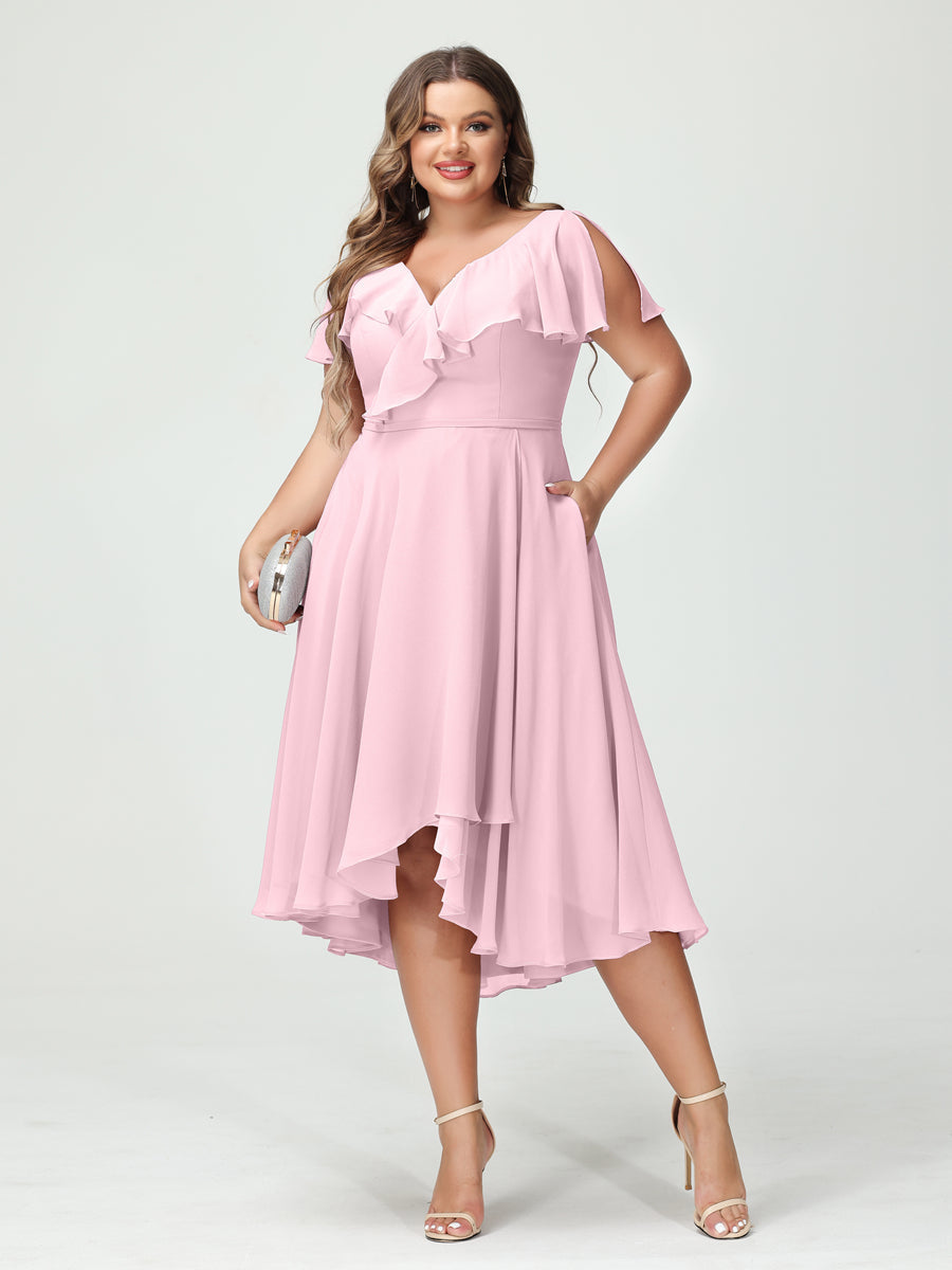 A-Line/Princess V-Neck Short Sleeves Chiffon Ruffles High-Low Plus Size Bridesmaid Dresses with Pockets - 画像 (25)