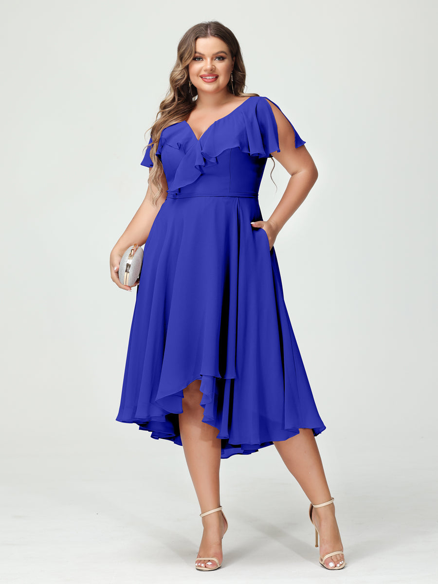 A-Line/Princess V-Neck Short Sleeves Chiffon Ruffles High-Low Plus Size Bridesmaid Dresses with Pockets - 画像 (55)