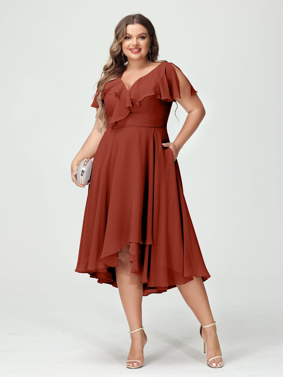 A-Line/Princess V-Neck Short Sleeves Chiffon Ruffles High-Low Plus Size Bridesmaid Dresses with Pockets - 画像 (13)