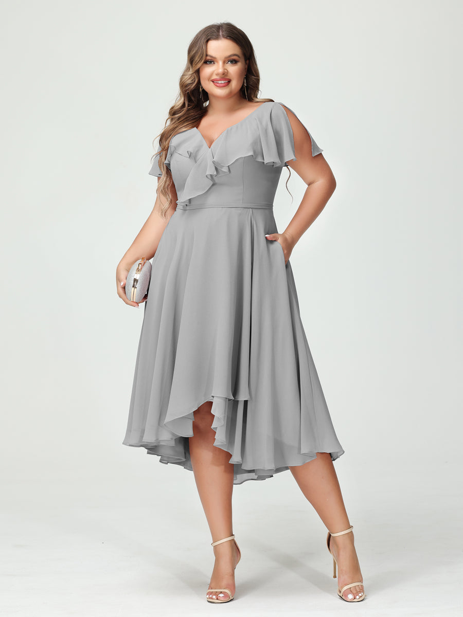 A-Line/Princess V-Neck Short Sleeves Chiffon Ruffles High-Low Plus Size Bridesmaid Dresses with Pockets - 画像 (22)