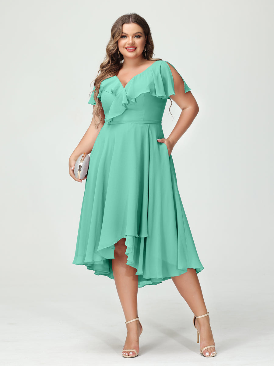 A-Line/Princess V-Neck Short Sleeves Chiffon Ruffles High-Low Plus Size Bridesmaid Dresses with Pockets - 画像 (62)