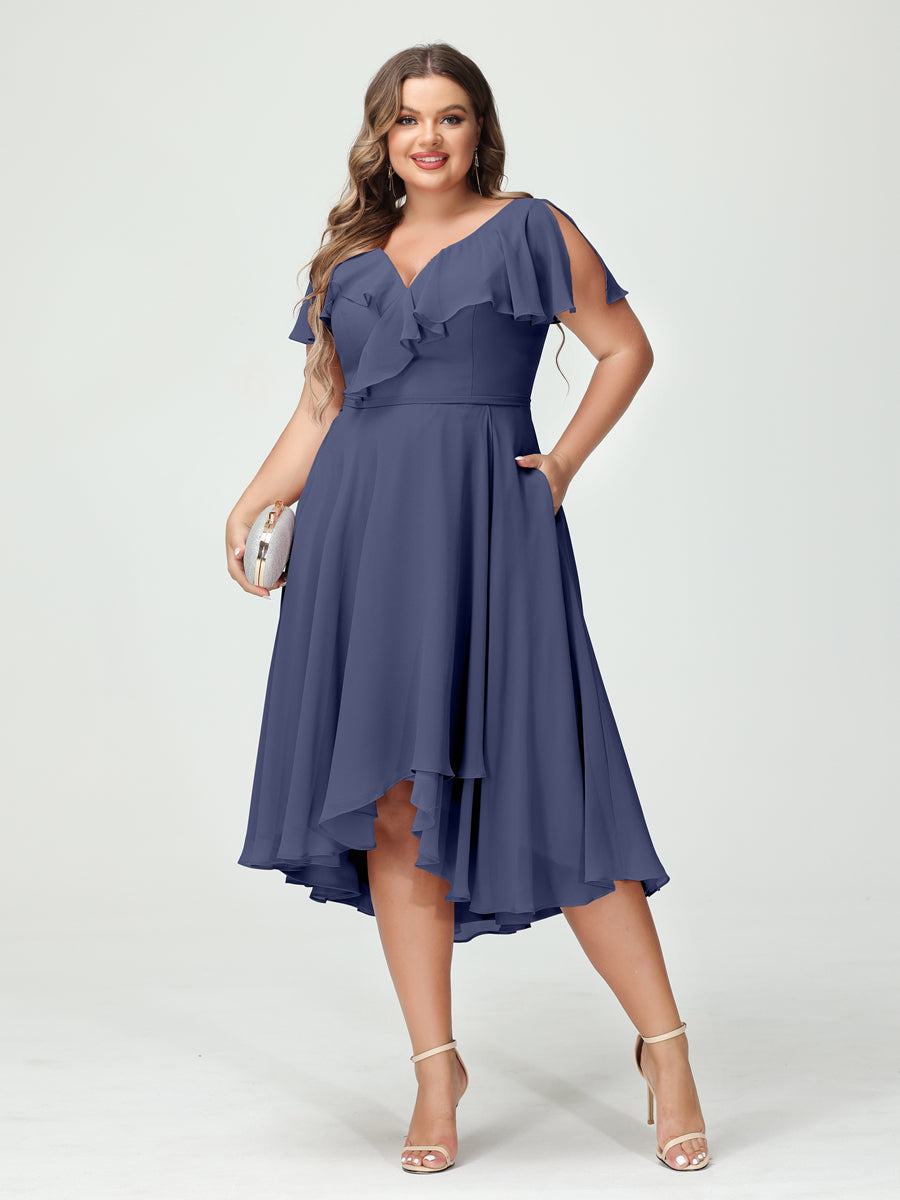 A-Line/Princess V-Neck Short Sleeves Chiffon Ruffles High-Low Plus Size Bridesmaid Dresses with Pockets - 画像 (57)