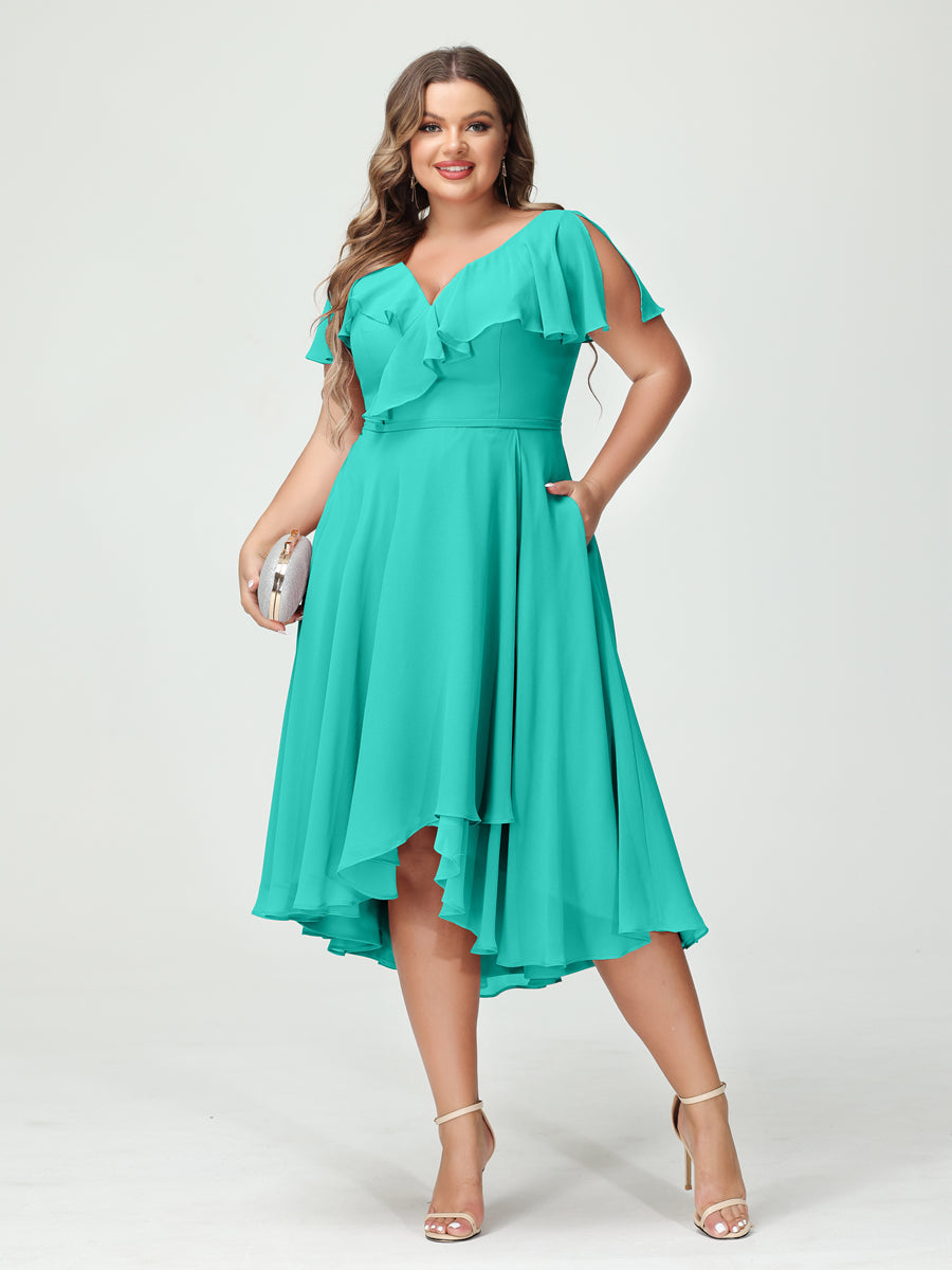 A-Line/Princess V-Neck Short Sleeves Chiffon Ruffles High-Low Plus Size Bridesmaid Dresses with Pockets - 画像 (63)