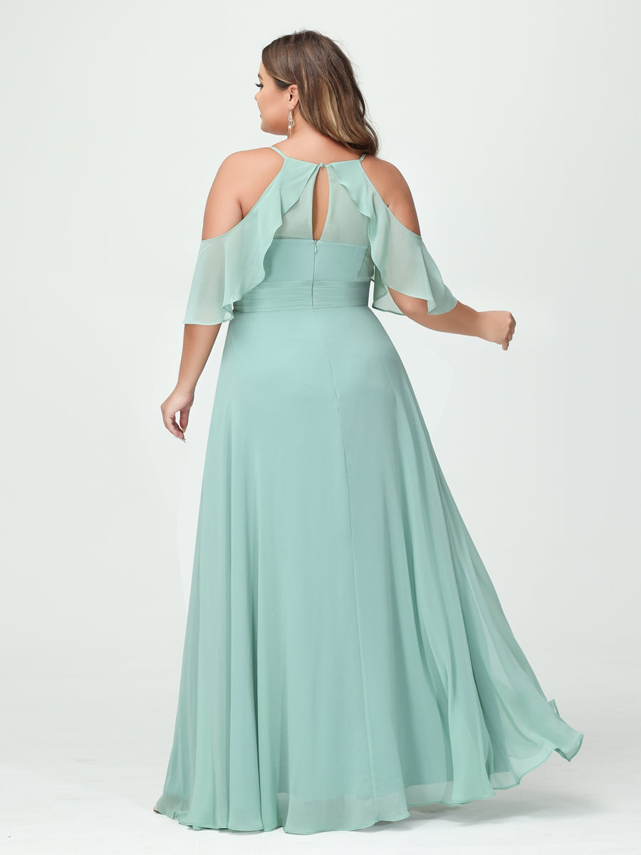 A-Line/Princess Spaghetti Straps Short Sleeves Chiffon Ruched Split Side Plus Size Bridesmaid Dresses with Pockets - Image 2