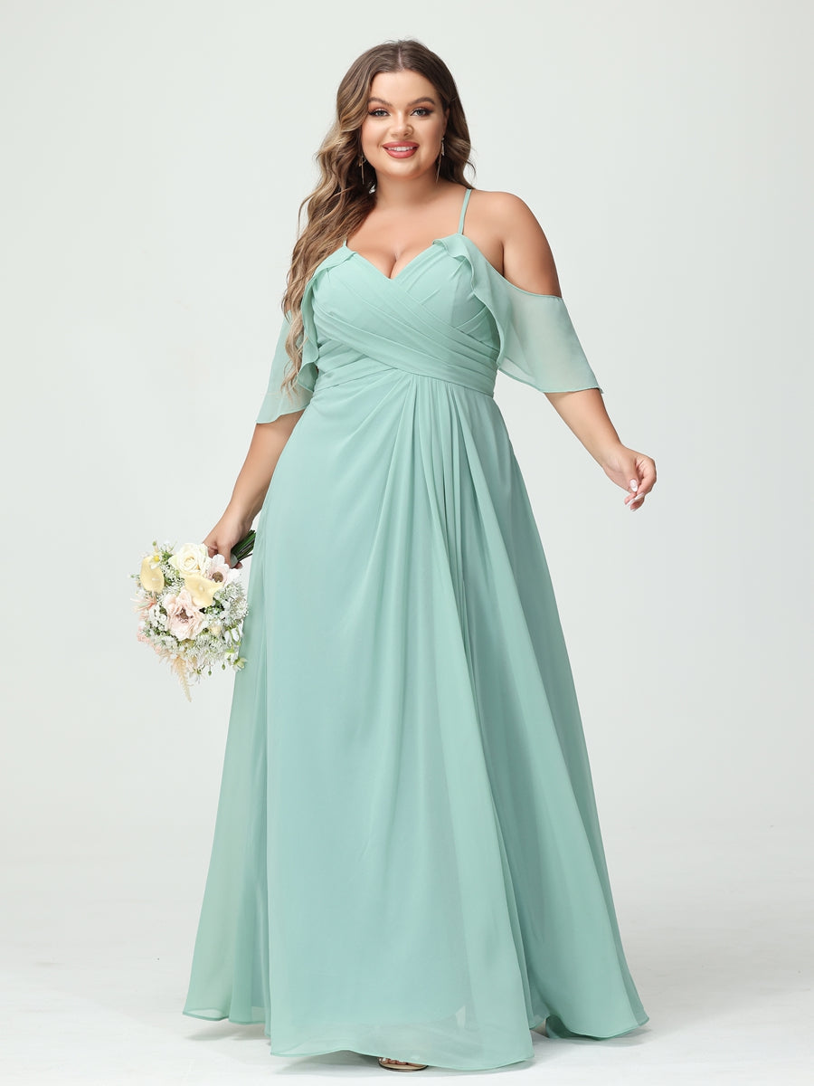 A-Line/Princess Spaghetti Straps Short Sleeves Chiffon Ruched Split Side Plus Size Bridesmaid Dresses with Pockets - Image 3