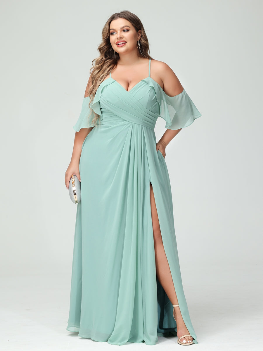 A-Line/Princess Spaghetti Straps Short Sleeves Chiffon Ruched Split Side Plus Size Bridesmaid Dresses with Pockets - Image 4