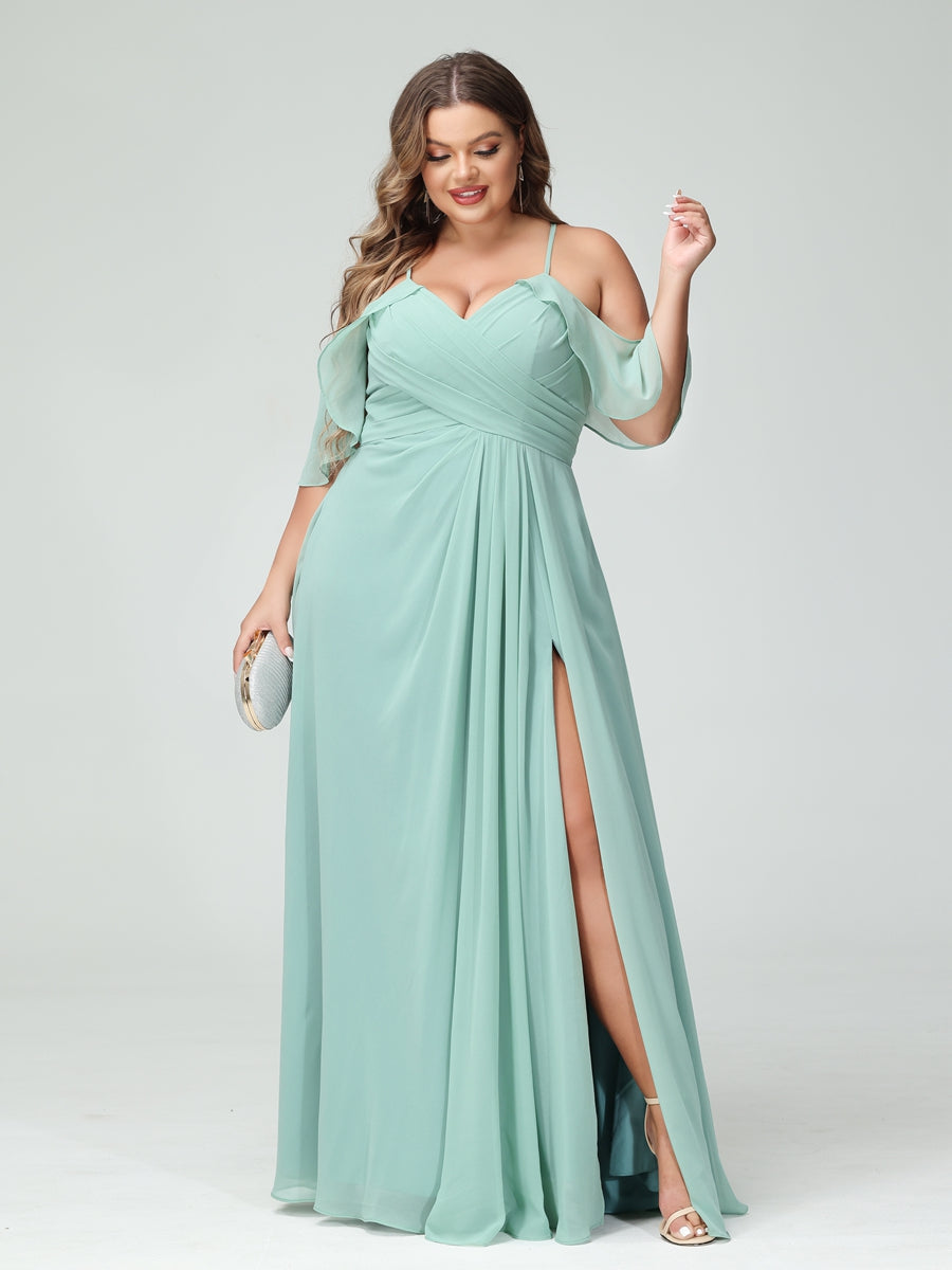 A-Line/Princess Spaghetti Straps Short Sleeves Chiffon Ruched Split Side Plus Size Bridesmaid Dresses with Pockets - Image 5