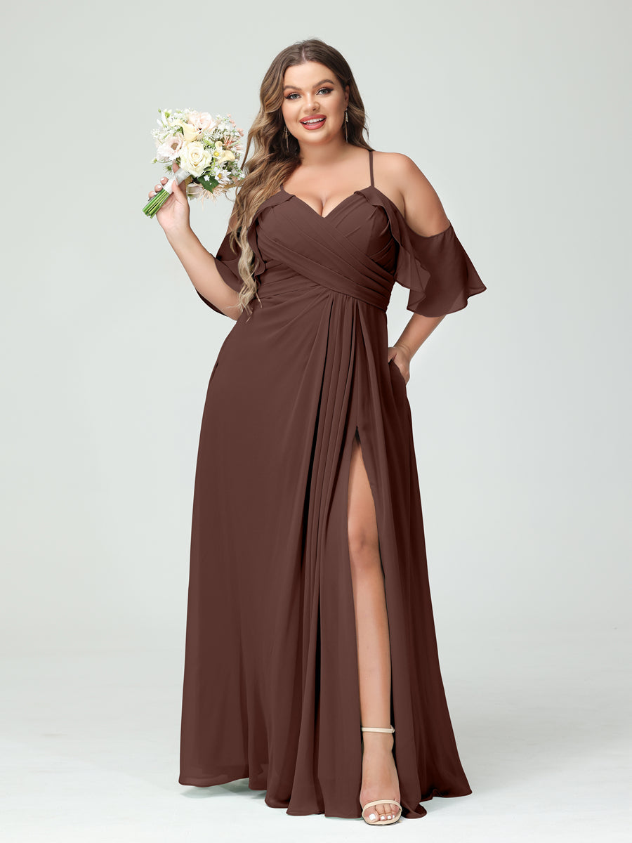A-Line/Princess Spaghetti Straps Short Sleeves Chiffon Ruched Split Side Plus Size Bridesmaid Dresses with Pockets - Image 76