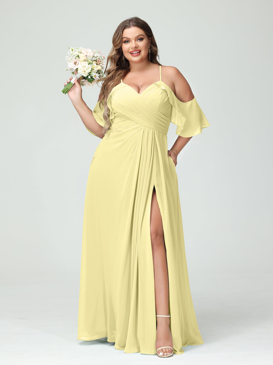 A-Line/Princess Spaghetti Straps Short Sleeves Chiffon Ruched Split Side Plus Size Bridesmaid Dresses with Pockets - Image 69