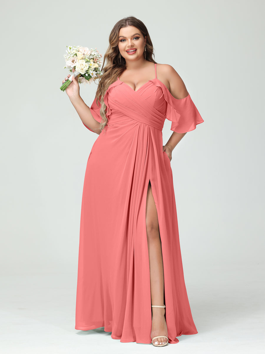 A-Line/Princess Spaghetti Straps Short Sleeves Chiffon Ruched Split Side Plus Size Bridesmaid Dresses with Pockets - Image 32