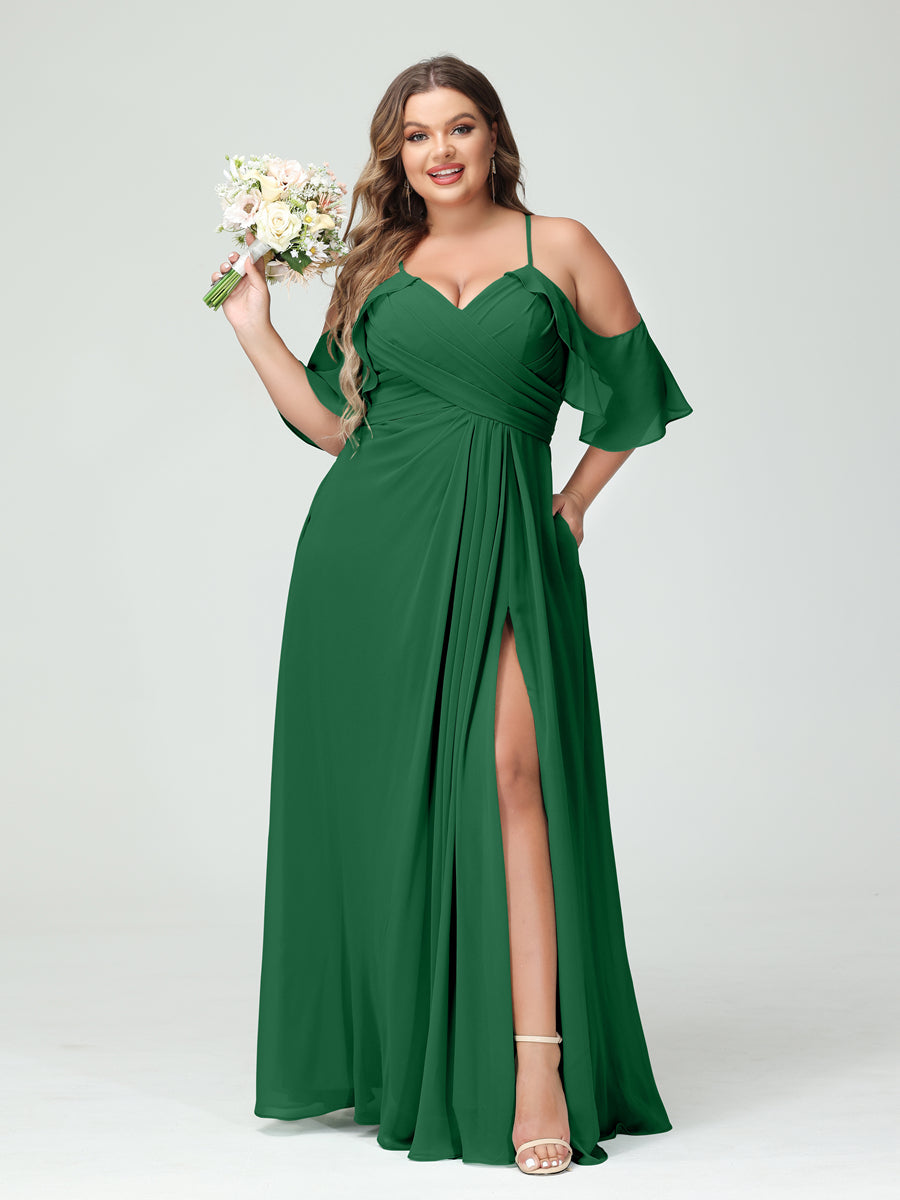 A-Line/Princess Spaghetti Straps Short Sleeves Chiffon Ruched Split Side Plus Size Bridesmaid Dresses with Pockets - Image 67