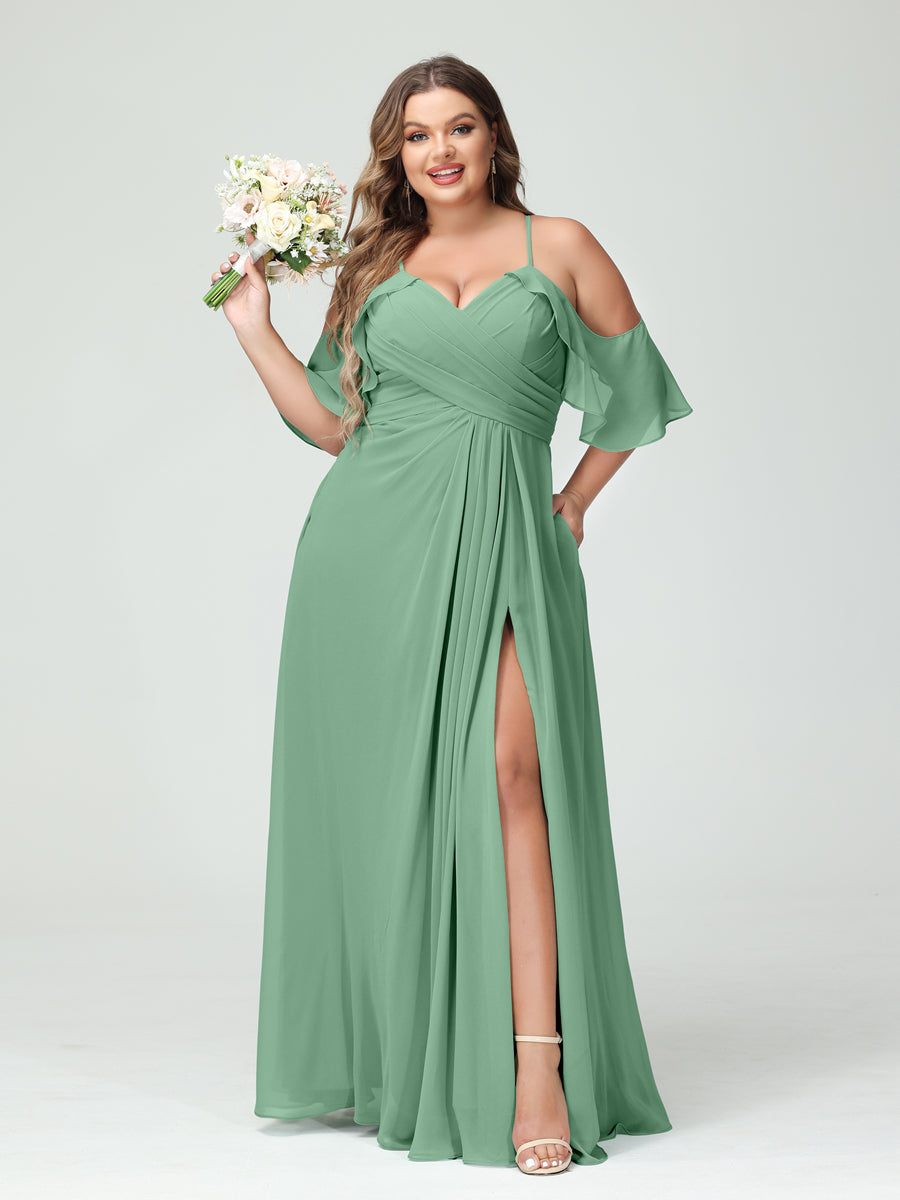 A-Line/Princess Spaghetti Straps Short Sleeves Chiffon Ruched Split Side Plus Size Bridesmaid Dresses with Pockets - Image 17