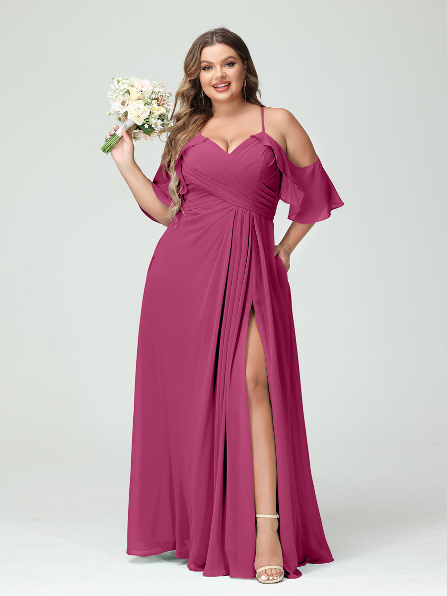 A-Line/Princess Spaghetti Straps Short Sleeves Chiffon Ruched Split Side Plus Size Bridesmaid Dresses with Pockets - Image 35