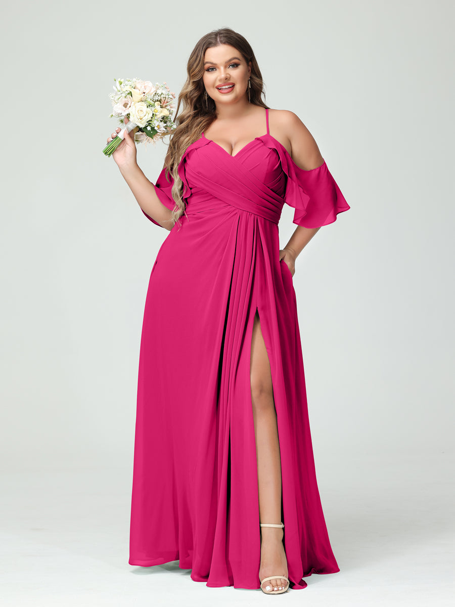 A-Line/Princess Spaghetti Straps Short Sleeves Chiffon Ruched Split Side Plus Size Bridesmaid Dresses with Pockets - Image 34