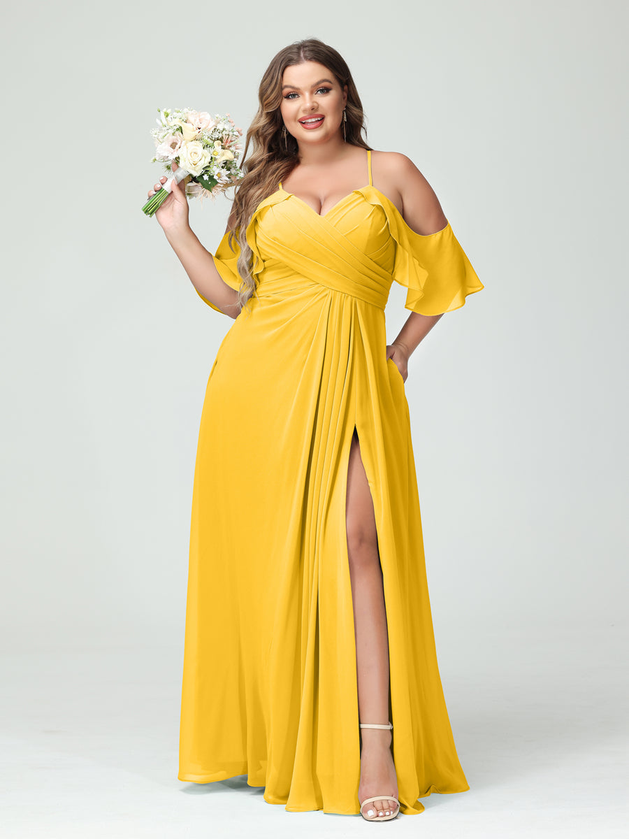 A-Line/Princess Spaghetti Straps Short Sleeves Chiffon Ruched Split Side Plus Size Bridesmaid Dresses with Pockets - Image 71