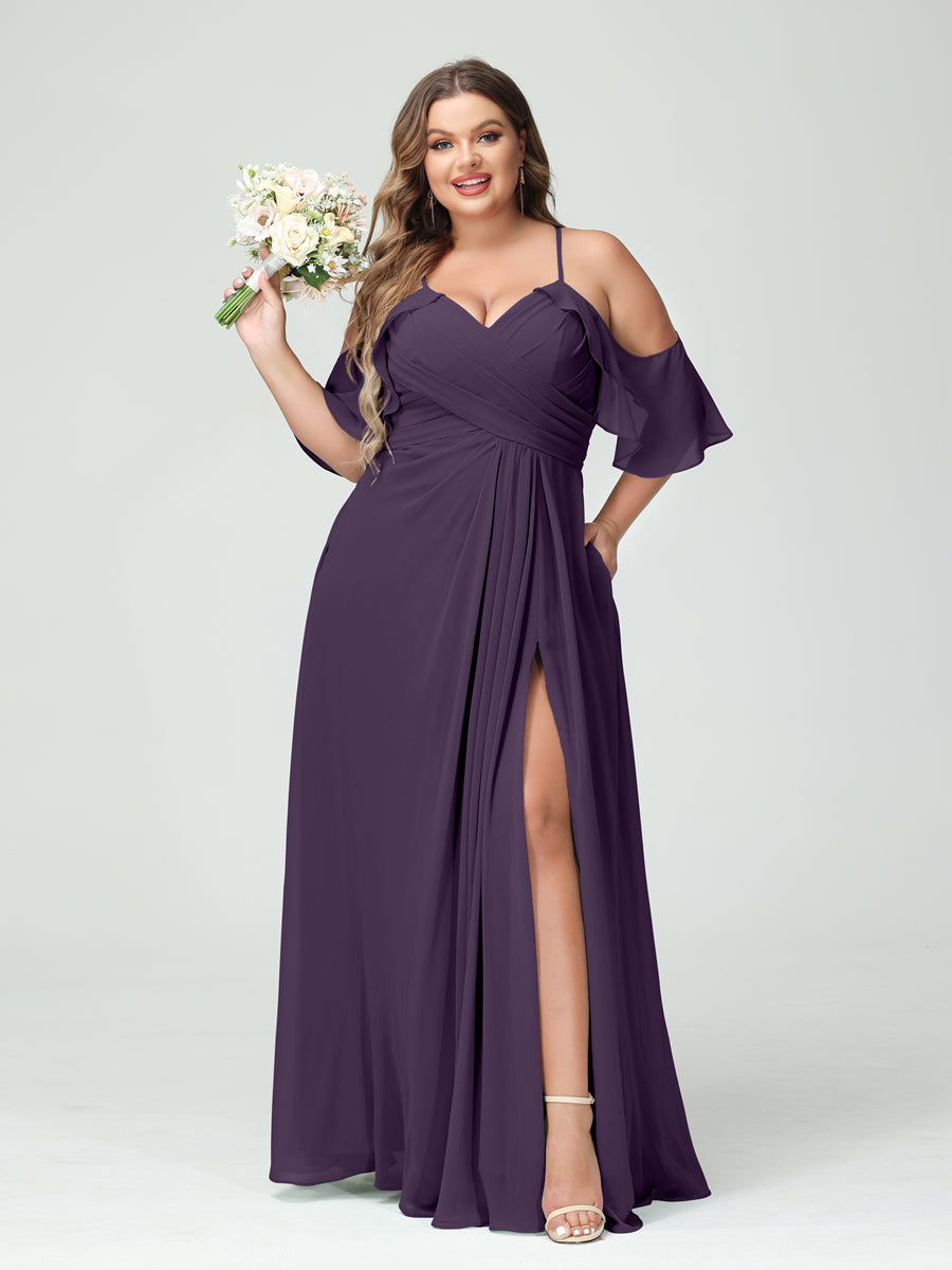 A-Line/Princess Spaghetti Straps Short Sleeves Chiffon Ruched Split Side Plus Size Bridesmaid Dresses with Pockets - Image 45