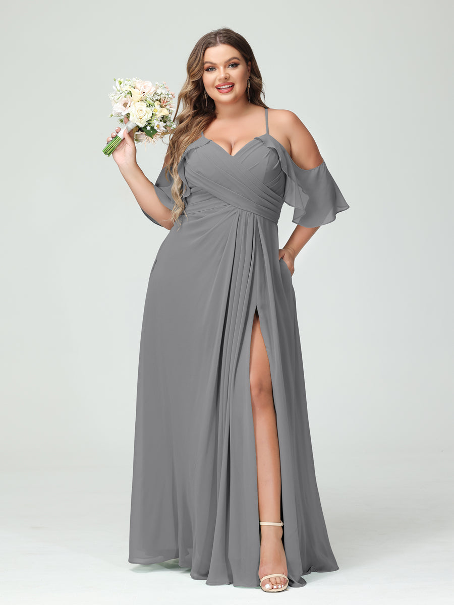 A-Line/Princess Spaghetti Straps Short Sleeves Chiffon Ruched Split Side Plus Size Bridesmaid Dresses with Pockets - Image 75