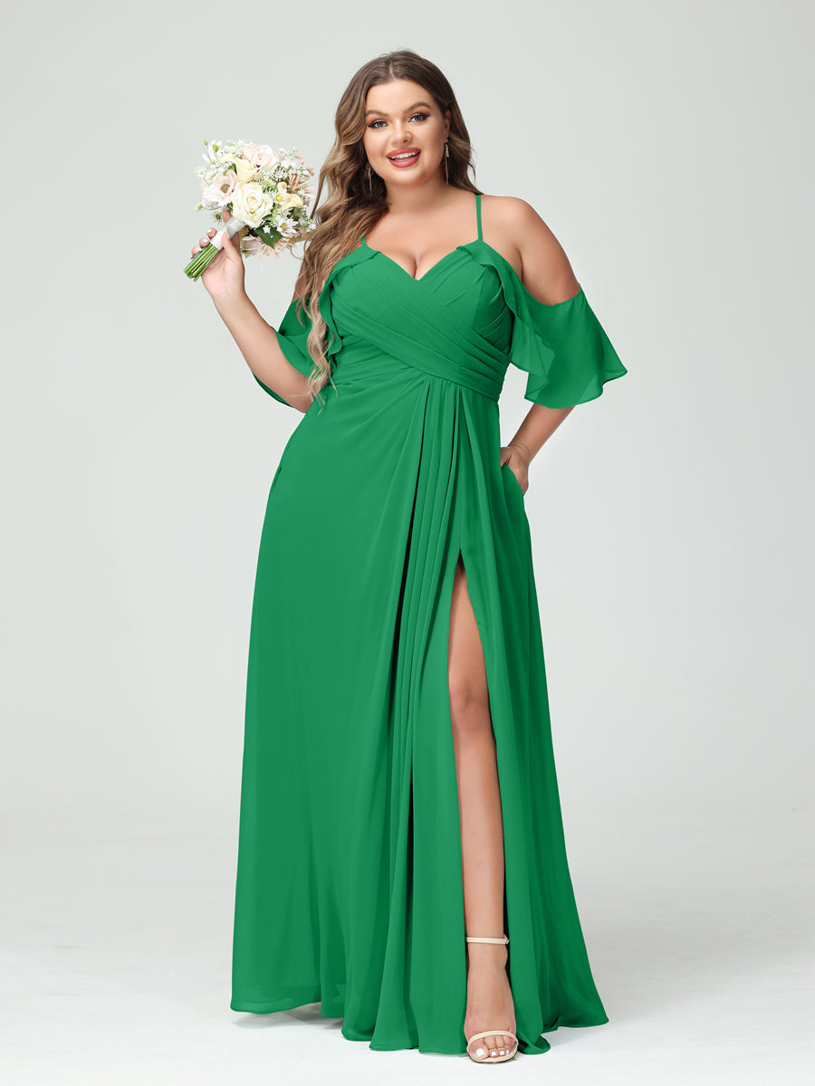 A-Line/Princess Spaghetti Straps Short Sleeves Chiffon Ruched Split Side Plus Size Bridesmaid Dresses with Pockets - Image 64