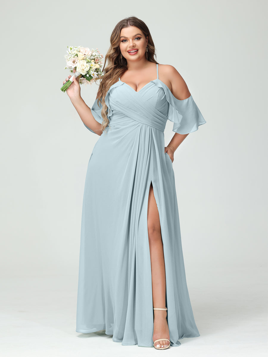 A-Line/Princess Spaghetti Straps Short Sleeves Chiffon Ruched Split Side Plus Size Bridesmaid Dresses with Pockets - Image 47