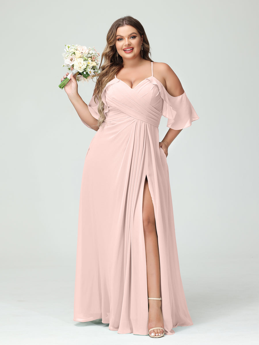 A-Line/Princess Spaghetti Straps Short Sleeves Chiffon Ruched Split Side Plus Size Bridesmaid Dresses with Pockets - Image 27