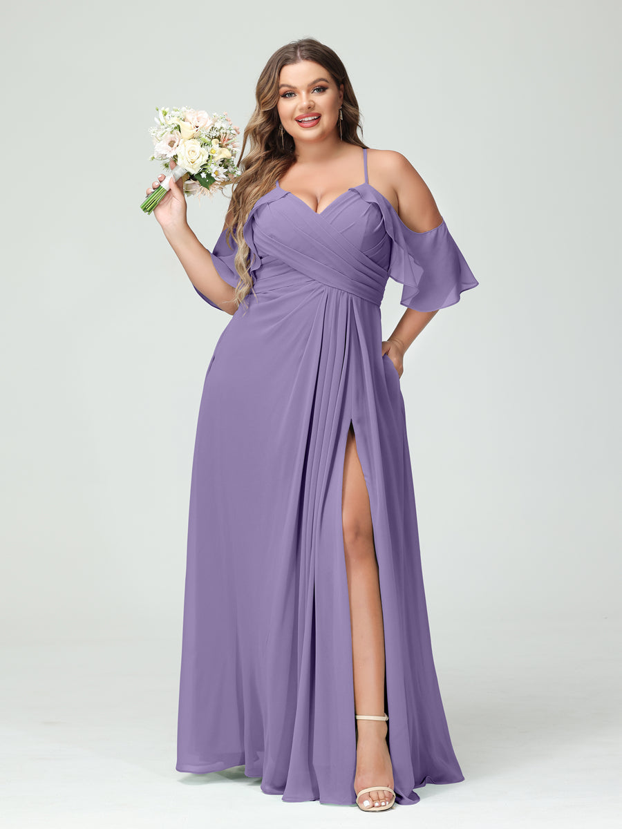 A-Line/Princess Spaghetti Straps Short Sleeves Chiffon Ruched Split Side Plus Size Bridesmaid Dresses with Pockets - Image 41