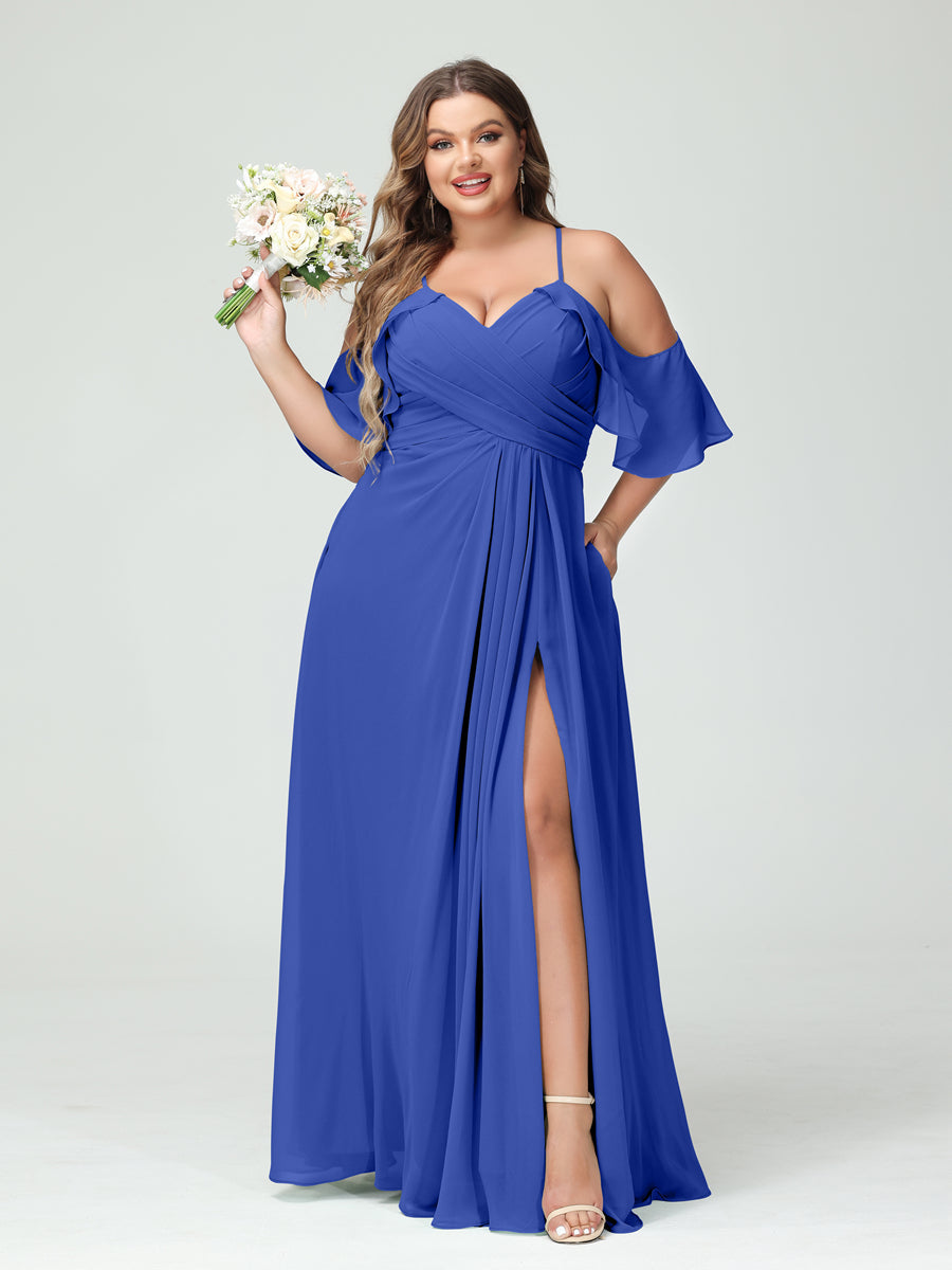 A-Line/Princess Spaghetti Straps Short Sleeves Chiffon Ruched Split Side Plus Size Bridesmaid Dresses with Pockets - Image 54