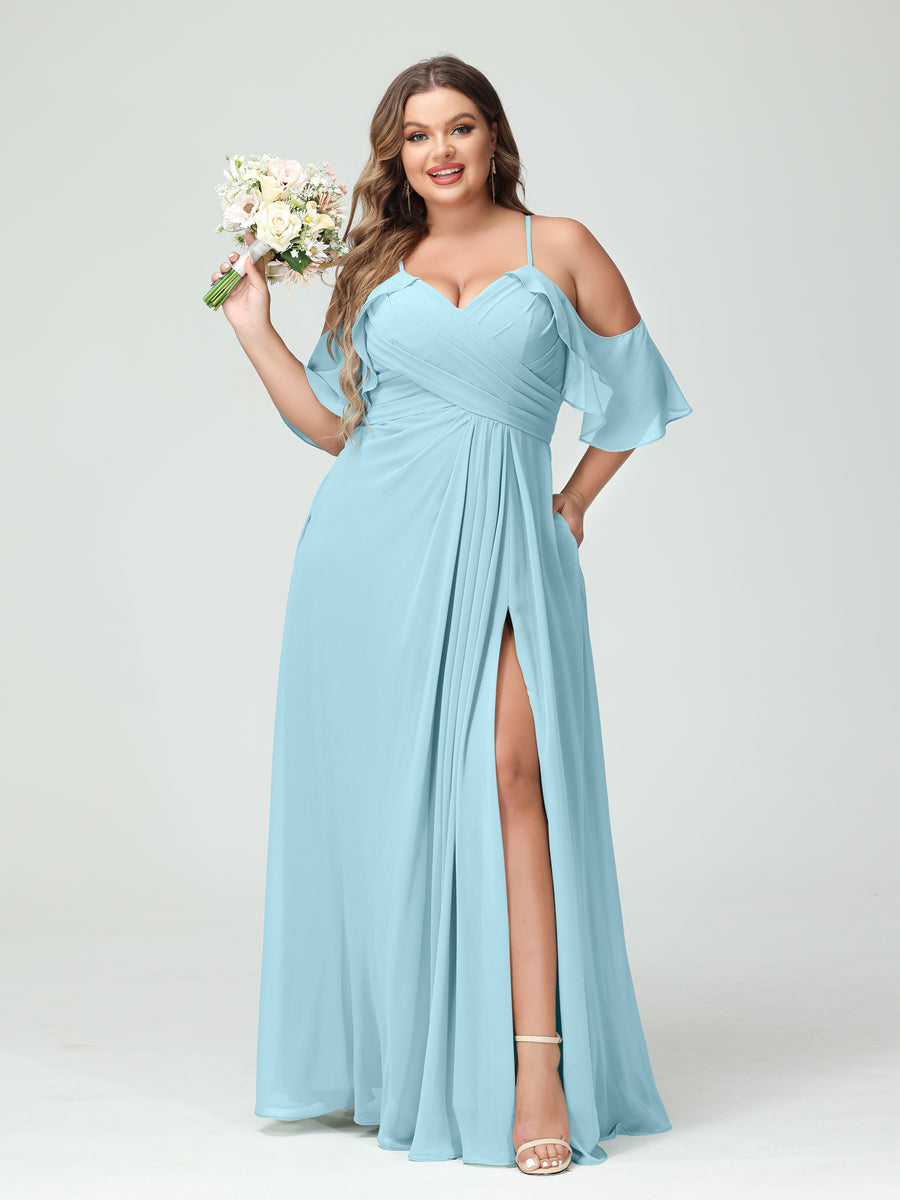 A-Line/Princess Spaghetti Straps Short Sleeves Chiffon Ruched Split Side Plus Size Bridesmaid Dresses with Pockets - Image 49