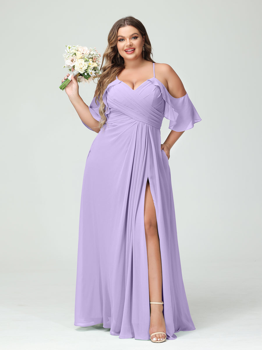 A-Line/Princess Spaghetti Straps Short Sleeves Chiffon Ruched Split Side Plus Size Bridesmaid Dresses with Pockets - Image 14