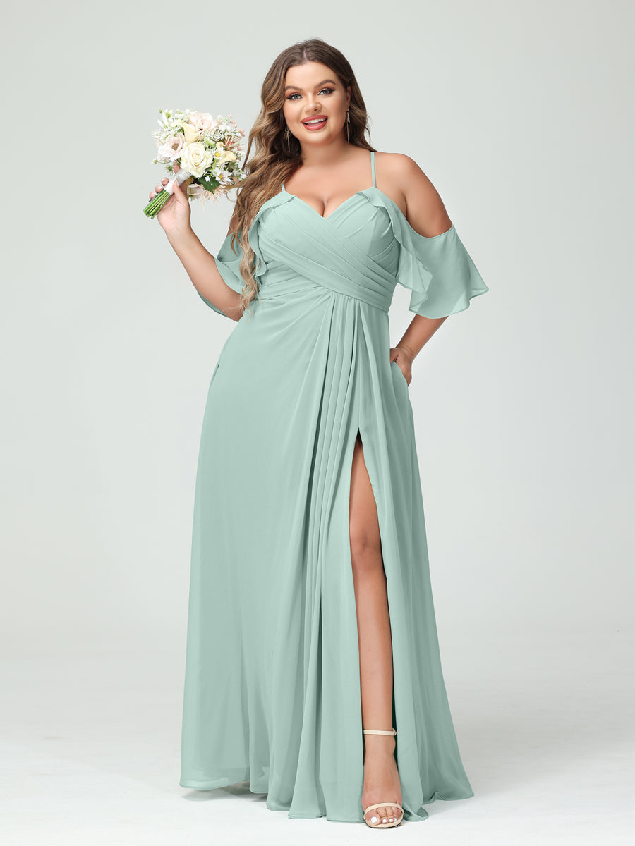 A-Line/Princess Spaghetti Straps Short Sleeves Chiffon Ruched Split Side Plus Size Bridesmaid Dresses with Pockets - Image 60