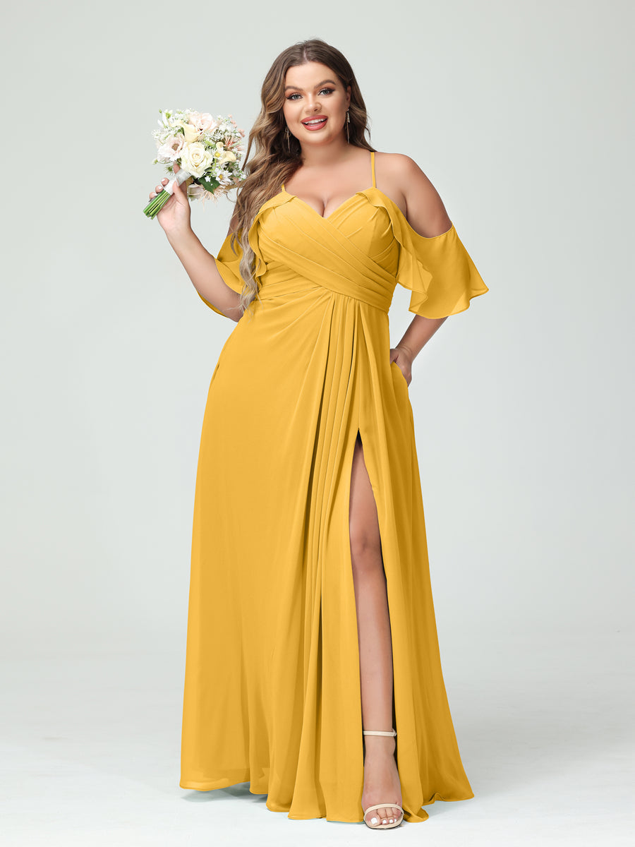 A-Line/Princess Spaghetti Straps Short Sleeves Chiffon Ruched Split Side Plus Size Bridesmaid Dresses with Pockets - Image 70