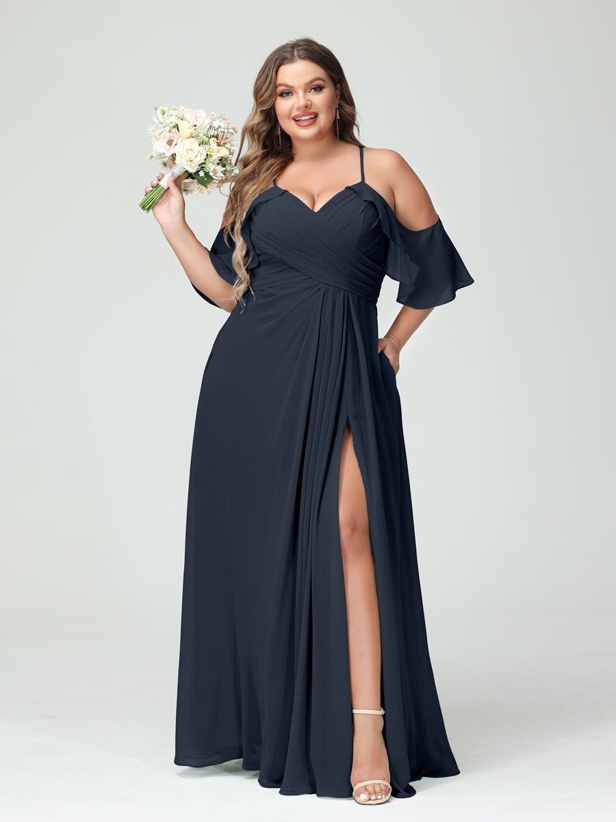 A-Line/Princess Spaghetti Straps Short Sleeves Chiffon Ruched Split Side Plus Size Bridesmaid Dresses with Pockets - Image 59