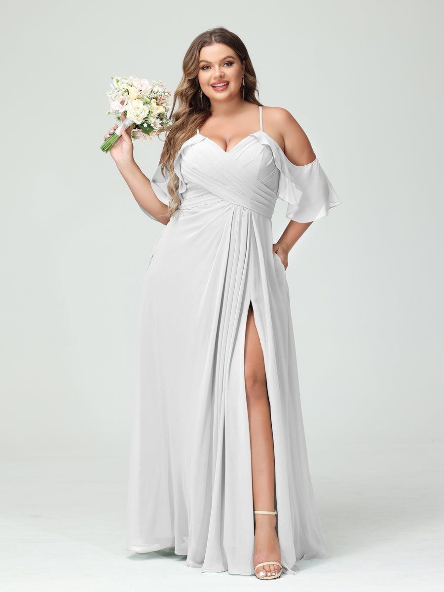 A-Line/Princess Spaghetti Straps Short Sleeves Chiffon Ruched Split Side Plus Size Bridesmaid Dresses with Pockets - Image 20