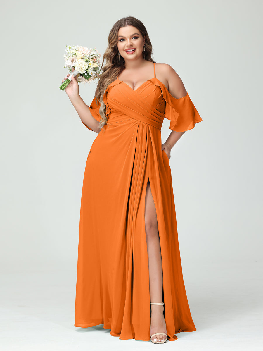 A-Line/Princess Spaghetti Straps Short Sleeves Chiffon Ruched Split Side Plus Size Bridesmaid Dresses with Pockets - Image 72