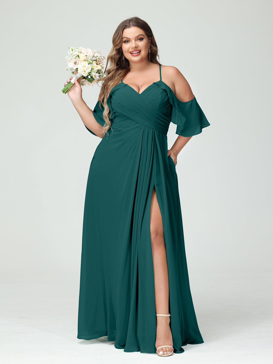 A-Line/Princess Spaghetti Straps Short Sleeves Chiffon Ruched Split Side Plus Size Bridesmaid Dresses with Pockets - Image 66