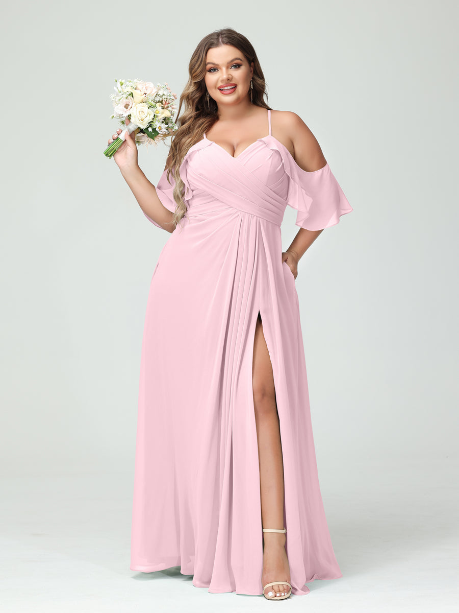 A-Line/Princess Spaghetti Straps Short Sleeves Chiffon Ruched Split Side Plus Size Bridesmaid Dresses with Pockets - Image 25