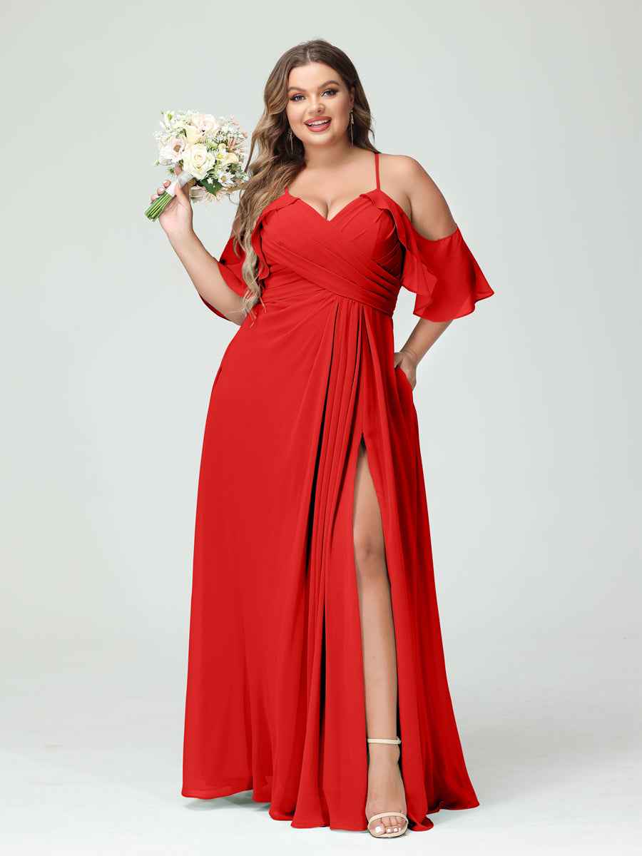 A-Line/Princess Spaghetti Straps Short Sleeves Chiffon Ruched Split Side Plus Size Bridesmaid Dresses with Pockets - Image 36